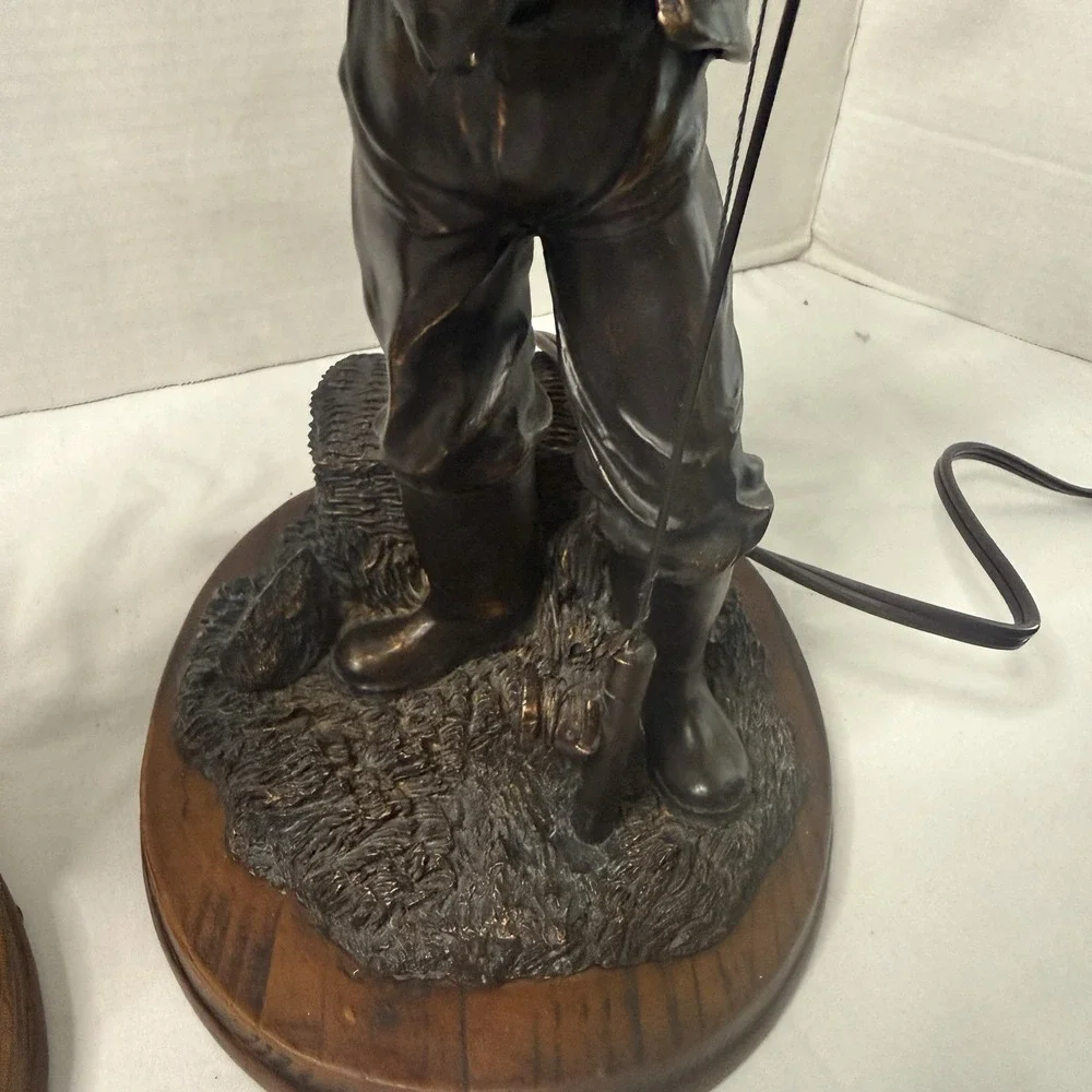Vintage Fly Fisherman Bronze Sculpture Lamp Bass Trout Rustic Cabin Lake Decor